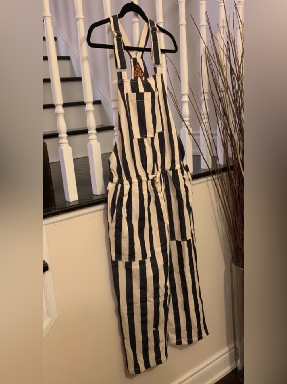 Signature8 Navy and White Striped Cotton Overalls Jumpsuit